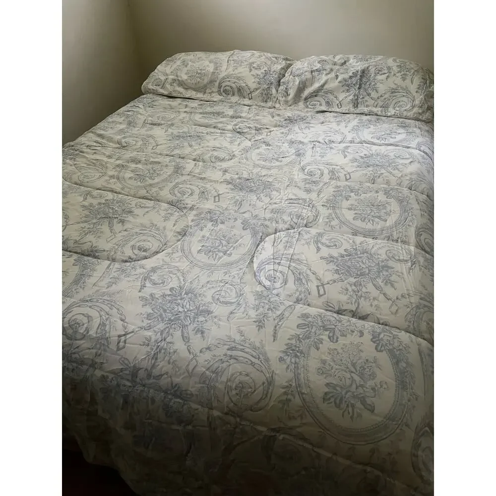 Vintage French country Toile‎ Cream Blue Queen Quilt Comforter Bedspread 2 Shams